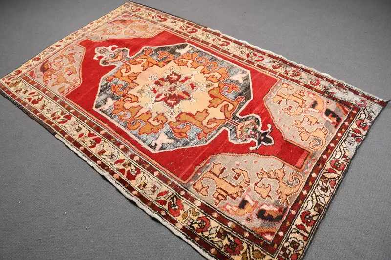 Turkish Vintage Rug 4.3x7 ft (132x212 cm), Oushak Red Wool Rug - 1