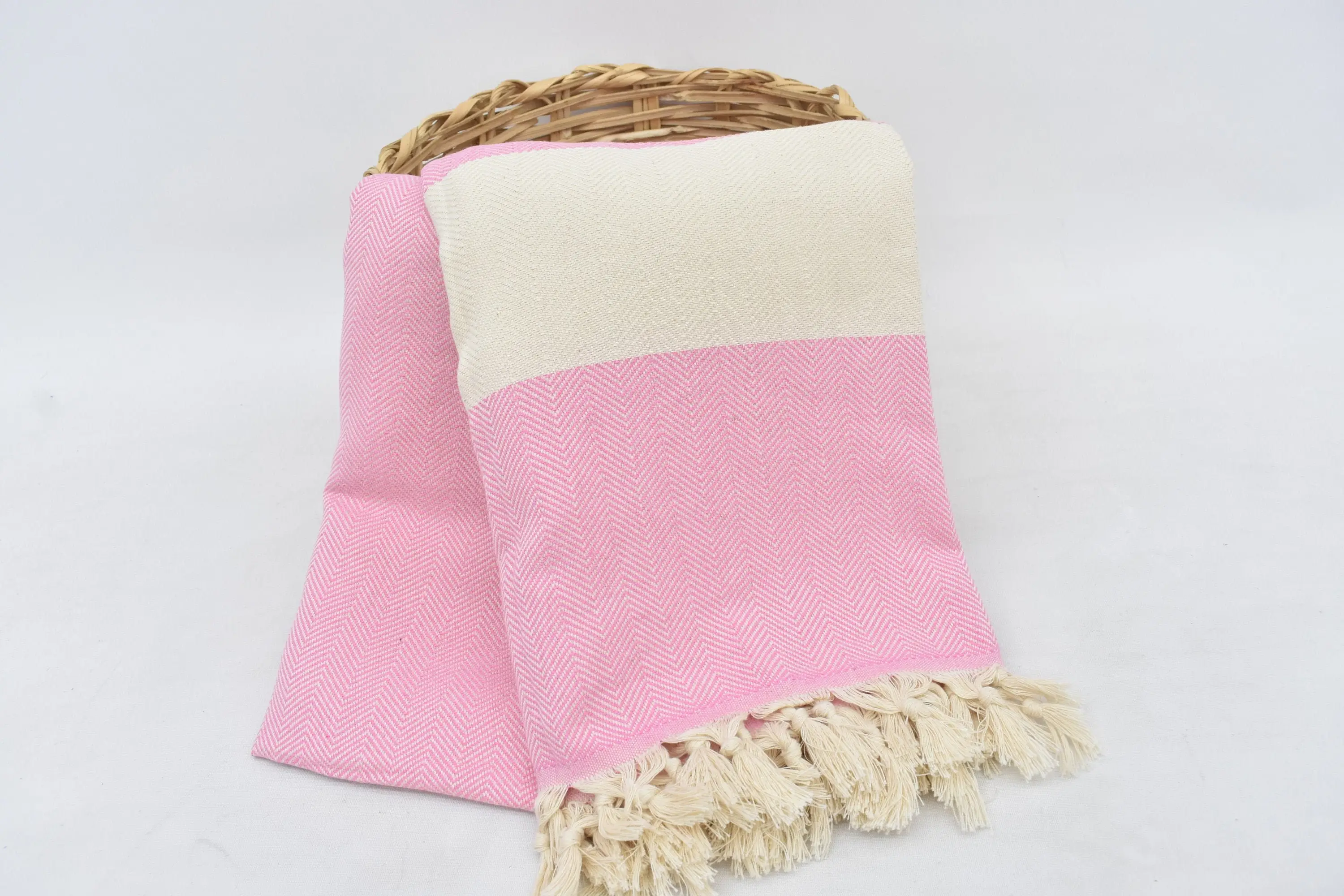 Turkish Throw Blanket Pink Herringbone, Organic Cotton, 95x79 Inches - 1