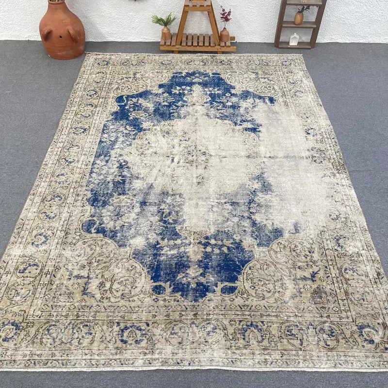 Elegant Beige & Blue Ombré Rug, 7,2x10,2 ft Chic Decor