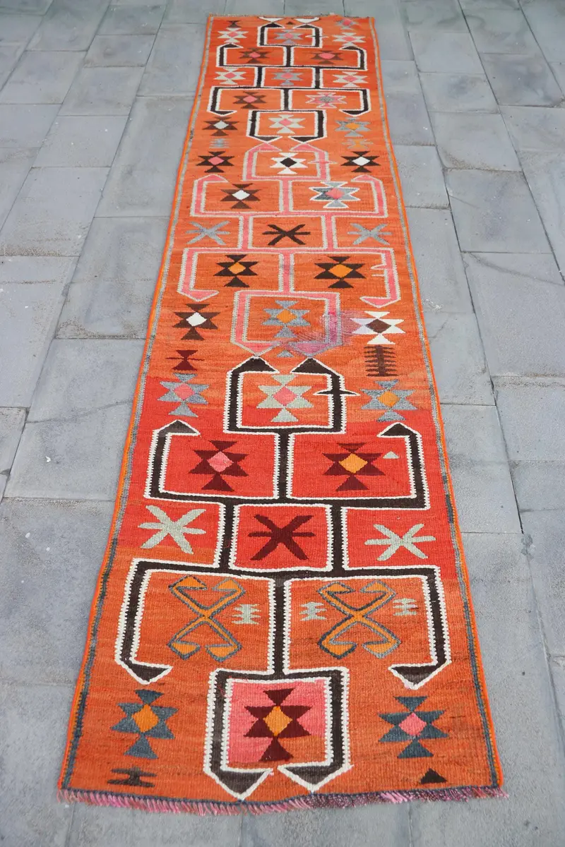 2.6x11 ft Rug, Runner Vintage Rug, Orange Kilim Check Rug - 1