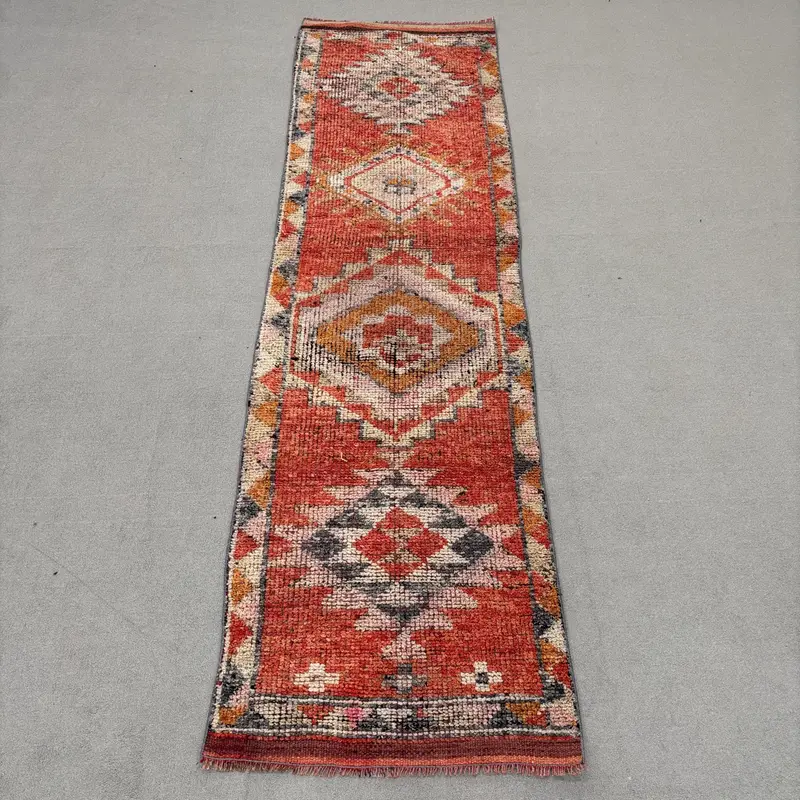 Turkish Vintage Rug, 2.7x9.8 ft Runner Rug, Red Herki Polka dot Rug - 1