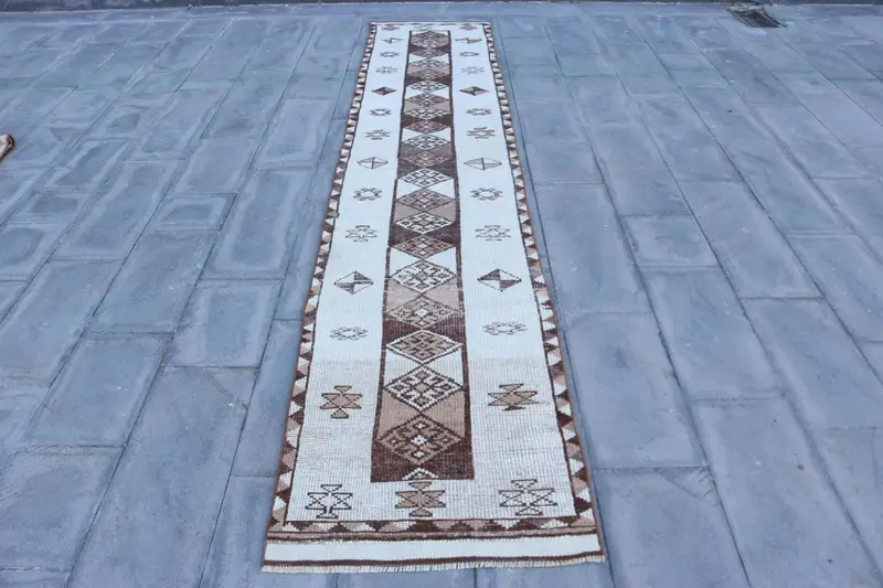 2.5x13.2 ft Rug, Turkish Vintage Rug, White Brown Abstract Wool Rug - 1