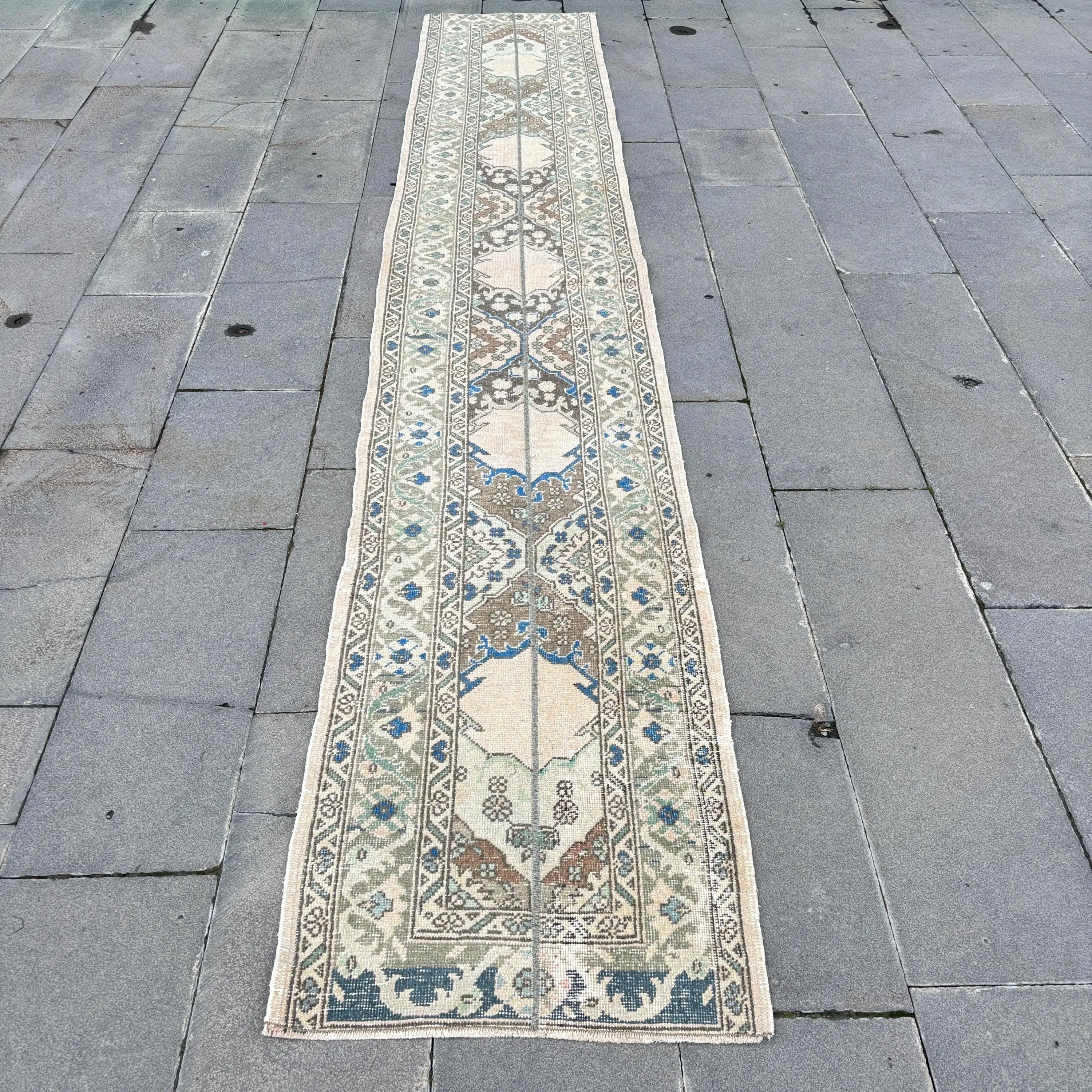 Turkish Runner Rug 2.1x12.1 ft, Vintage Blue Plants & trees Wool Rug - 1