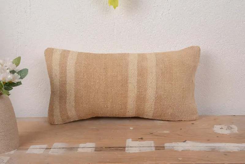 Beige Striped Throw Pillow, 8x16 Embroidered Vintage Cushion