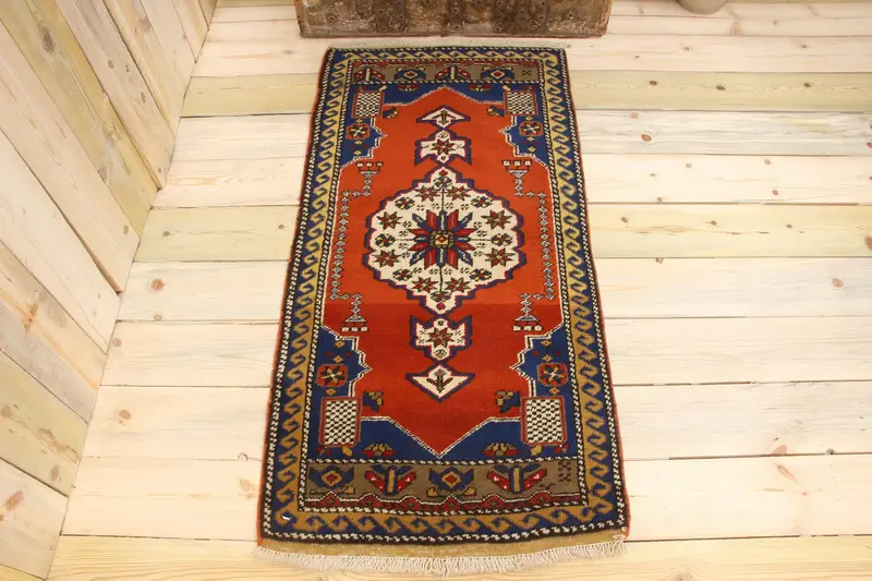 Handmade 0.2x4.1 ft Rug, Vibrant Orange & Blue Polka Dots