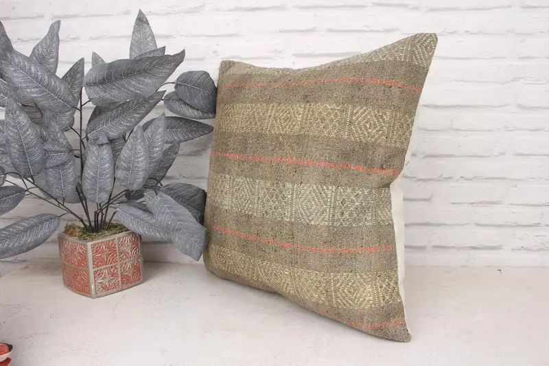 Vintage Kilim Throw Pillow, Handmade Rug Seat Pillow Cover, Pillow for Sofa, Pillow, Turkish Pillow, 20x20 Yellow Cushion Cover - 4