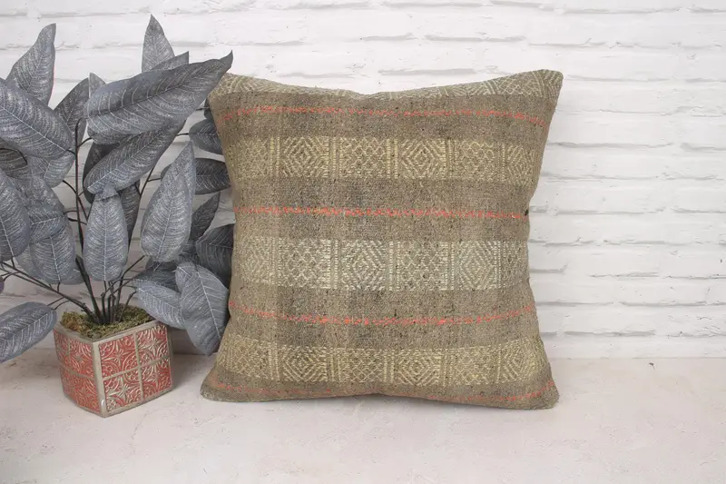 Vintage Kilim Throw Pillow, Handmade Rug Seat Pillow Cover, Pillow for Sofa, Pillow, Turkish Pillow, 20x20 Yellow Cushion Cover - 1
