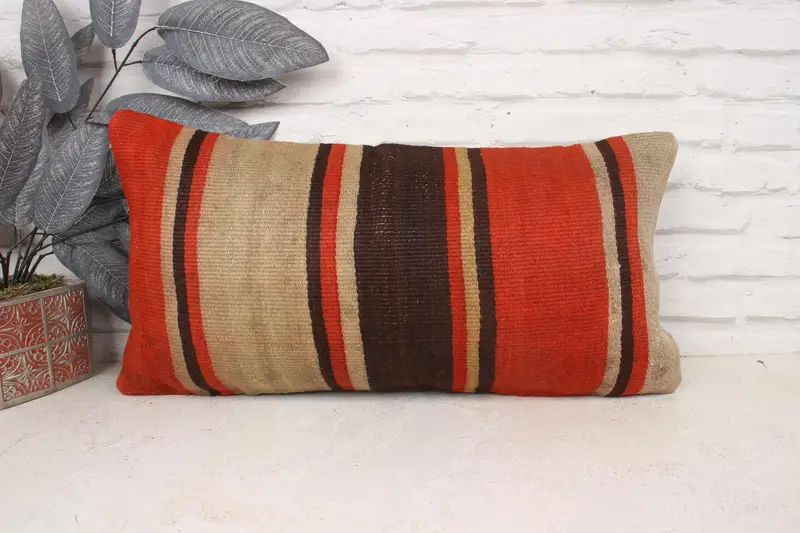 Pillow for Couch, Pillow Sham, Kilim Rug Cushion, 12x24 Red Pillow Sham, Chair Cushion Cover, Turkish Pillow, Throw Kilim Pillow, Bench Pillow - 1