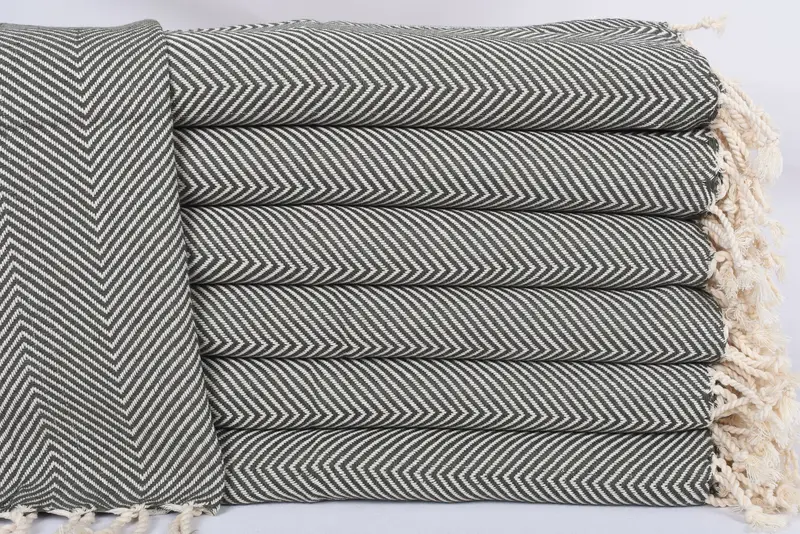 Personalized Hand Towel Organic Cotton Khaki Green Herringbone, 40x20 Inches