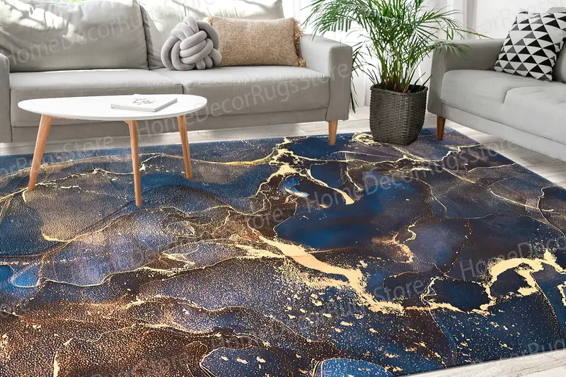 ゴールドマーブルネイビーブルーキラキラプリントラグ、豪華な抽象デザイン