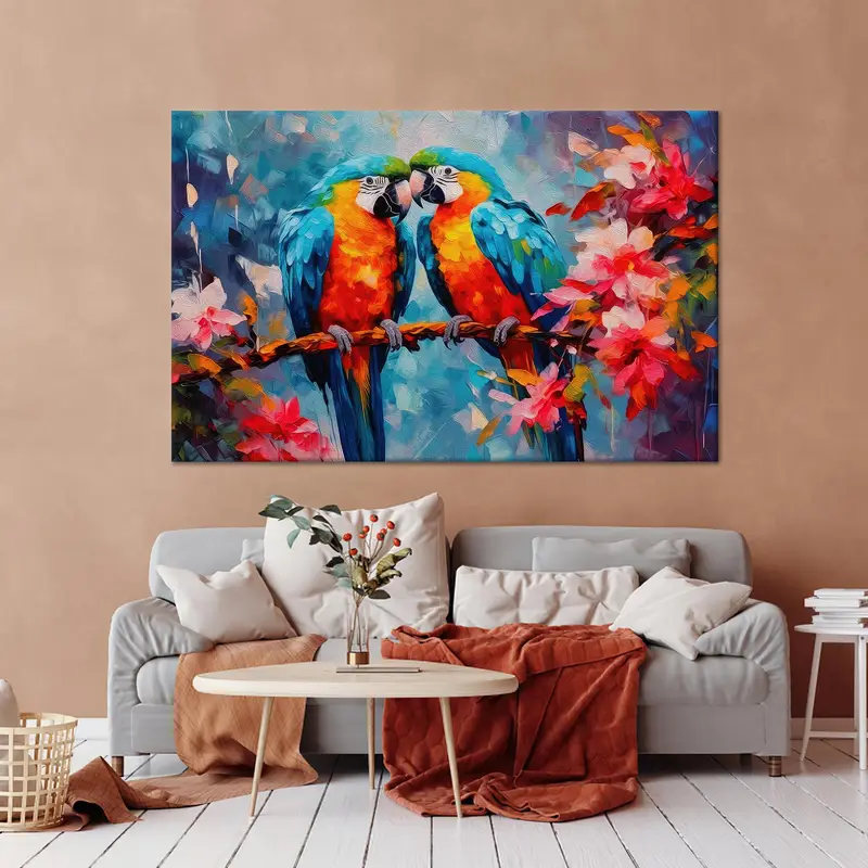 Lienzo elegante de pareja de loros: arte de pared impreso vibrante