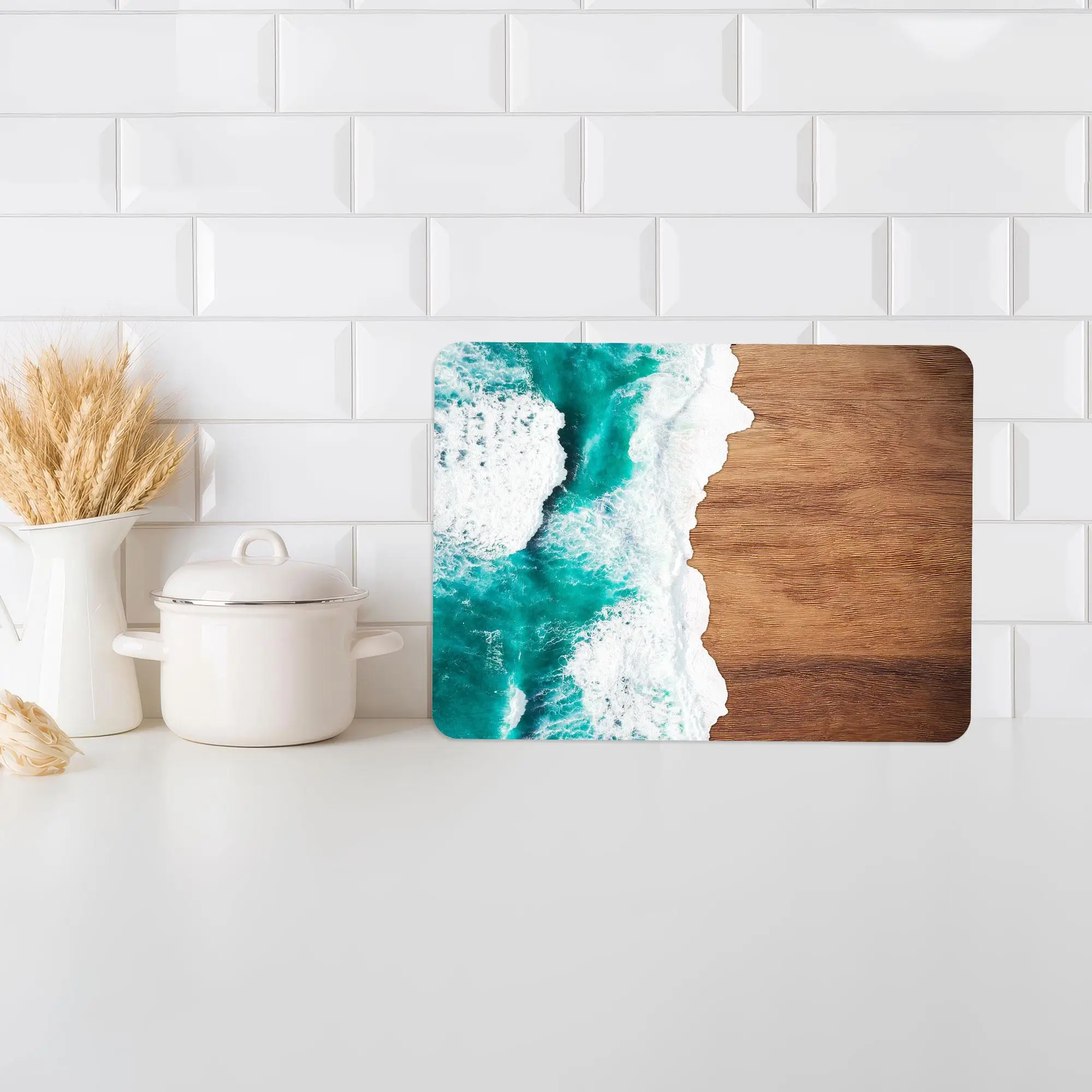 Wave-Edged Blue Glass Cutting Board with Brown Accents - 1