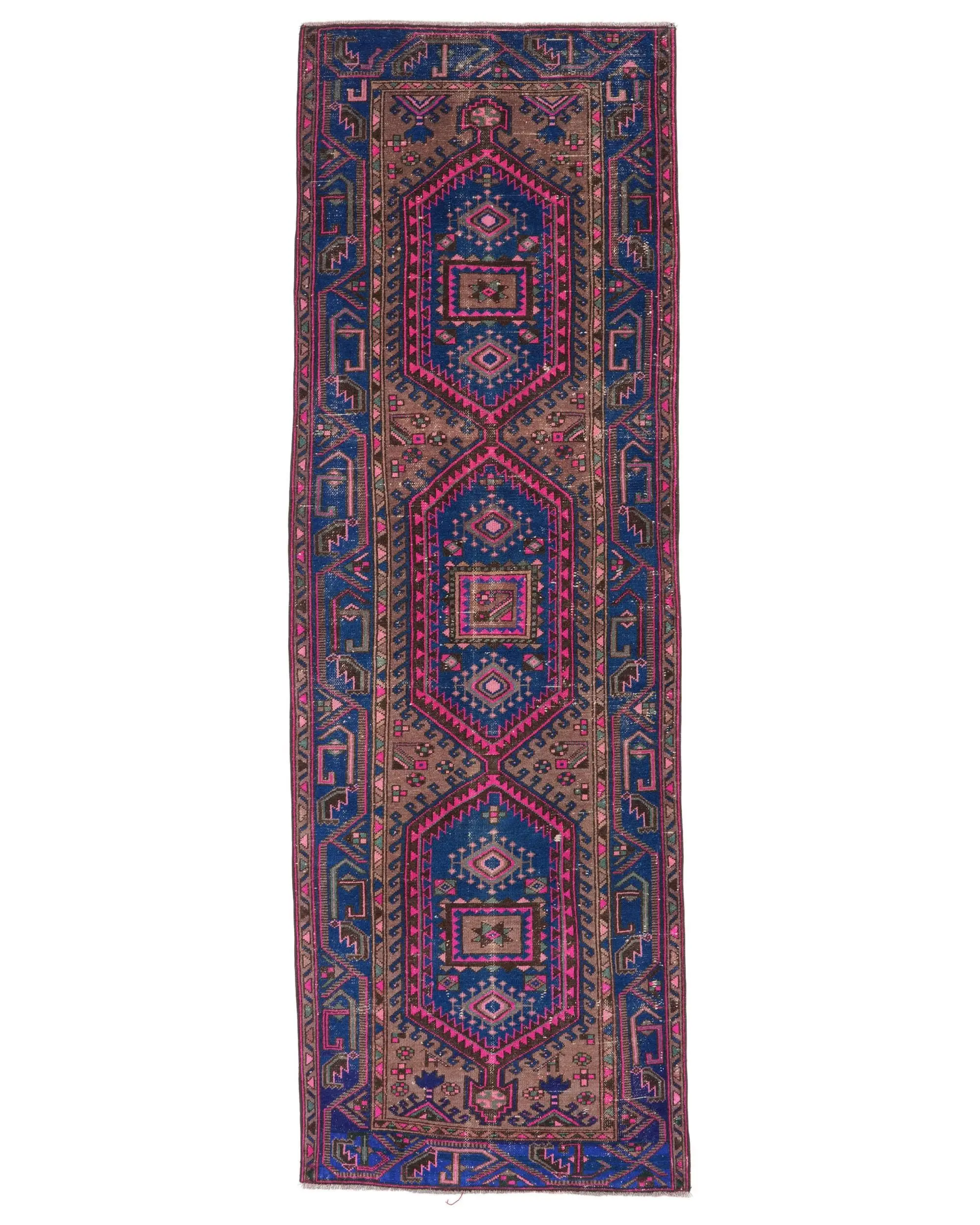 Blauer abstrakter Teppich, 3,3 x 9,9 Fuß mit rosa Akzenten - 1