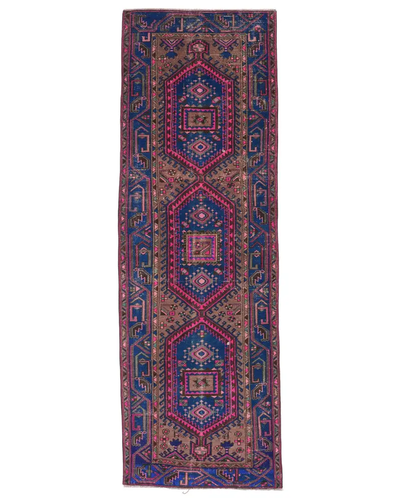 Mavi Soyut Halı, Pembe Desenli 3,3x9,9 ft