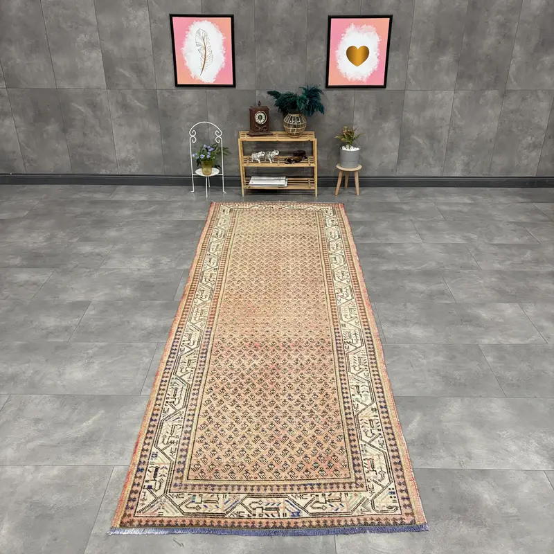 Vintage Turkish Rug 3.5x10.1 ft, Oushak Red Oriental Wool Rug - 1