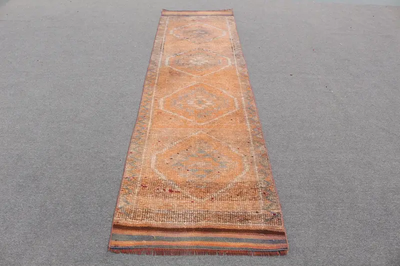 Türk 2.7x10 ft Halı, Runner Vintage Halı, Turuncu Soyut Yün Halı - 1