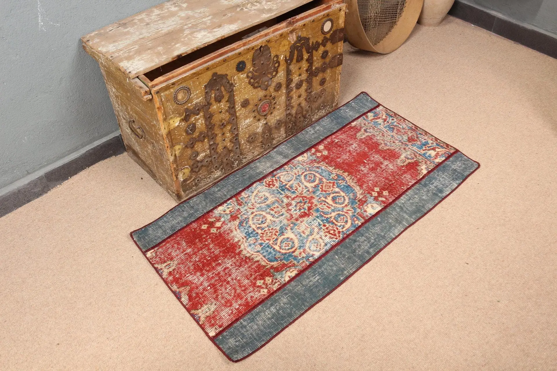 2x3.9 ft Rug, Turkish Vintage Rug, Red Blue Southwestern Rug - 1