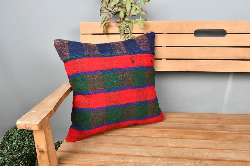 Turkish Kilim Pillow, 18x18 Red Cushion, Ethnic Throw Pillow Sham, Pillow, Pillow for Sofa, Crochet Pattern Pillow, Home Decor Pillow - 1