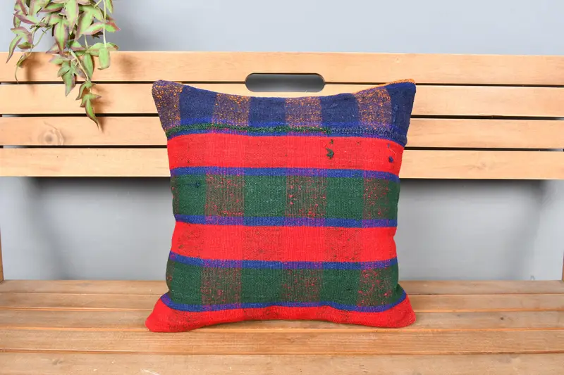 Turkish Kilim Pillow, 18x18 Red Cushion, Ethnic Throw Pillow Sham, Pillow, Pillow for Sofa, Crochet Pattern Pillow, Home Decor Pillow - 6