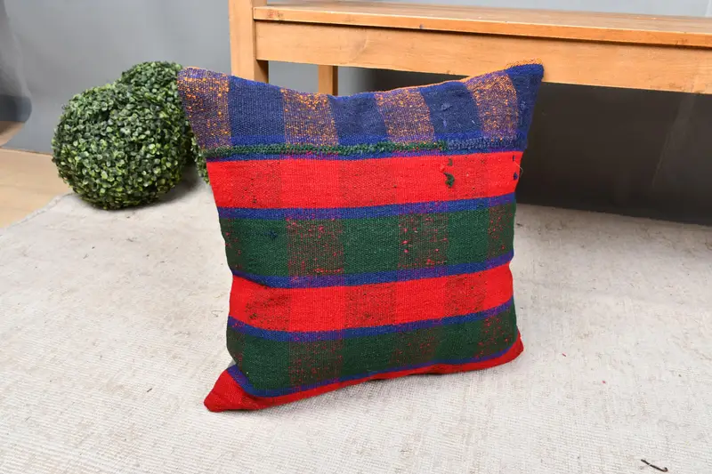 Turkish Kilim Pillow, 18x18 Red Cushion, Ethnic Throw Pillow Sham, Pillow, Pillow for Sofa, Crochet Pattern Pillow, Home Decor Pillow - 7