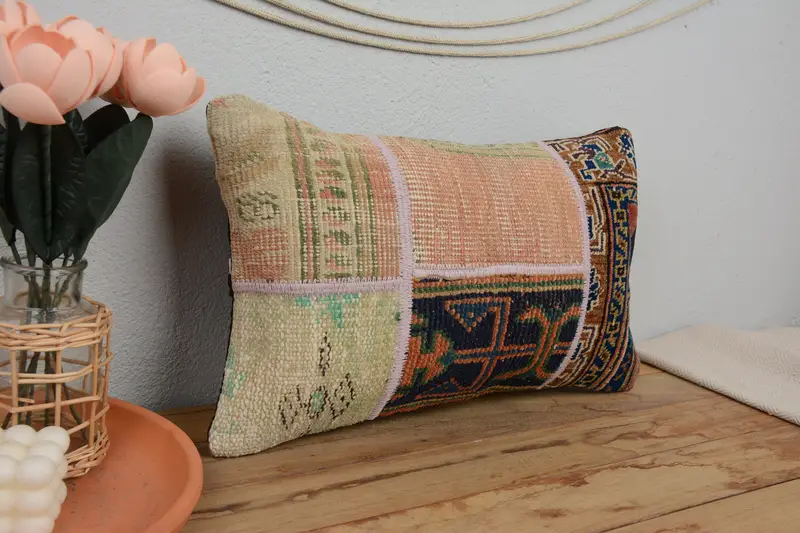 Outdoor Throw Cushion Cover, Pillow Cover, Turkish Kilim Pillow, Antique Pillows, Kilim Pillow, 12x20 Beige Pillow, Handmade Rug Seat Pillow Cover - 1