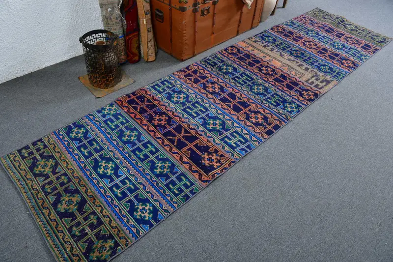Türkischer Teppich, 2,8x10,7 ft Läufer Vintage Teppich, Oushak Blau Grün Südwestlicher Teppich - 1