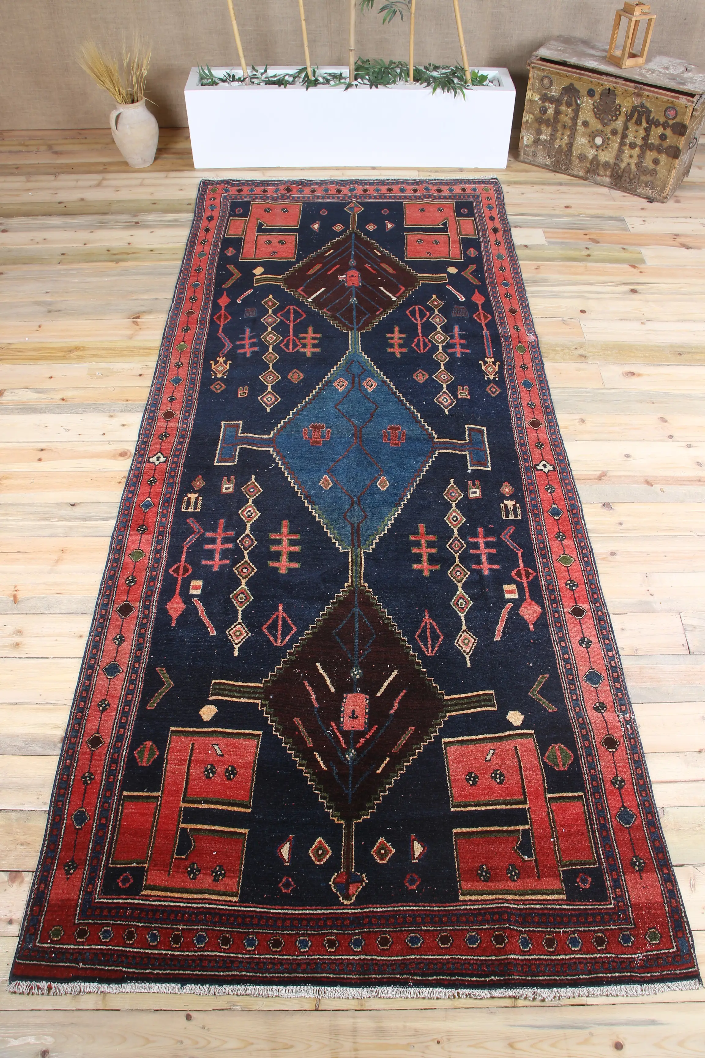 Vintage Turkish Large Rug 4.8x11.7 ft, Blue Red Geometric Rug - 1