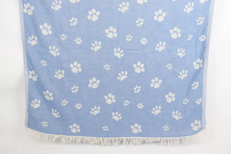 Turkish Beach Towel Monogrammed Sax Blue Paw Design, 36x71 Inches