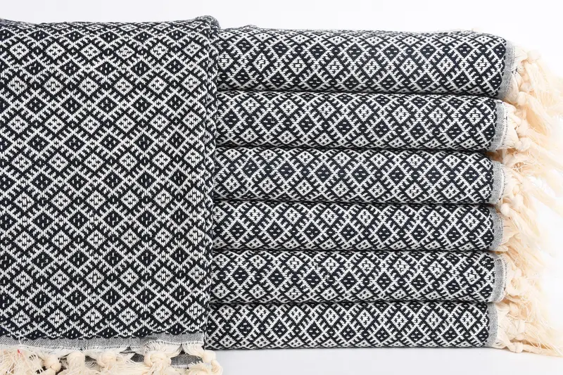 トルコハンドタオル オーガニックコットン刺繍、ネイビー、ベージュ、20x38インチ - 1