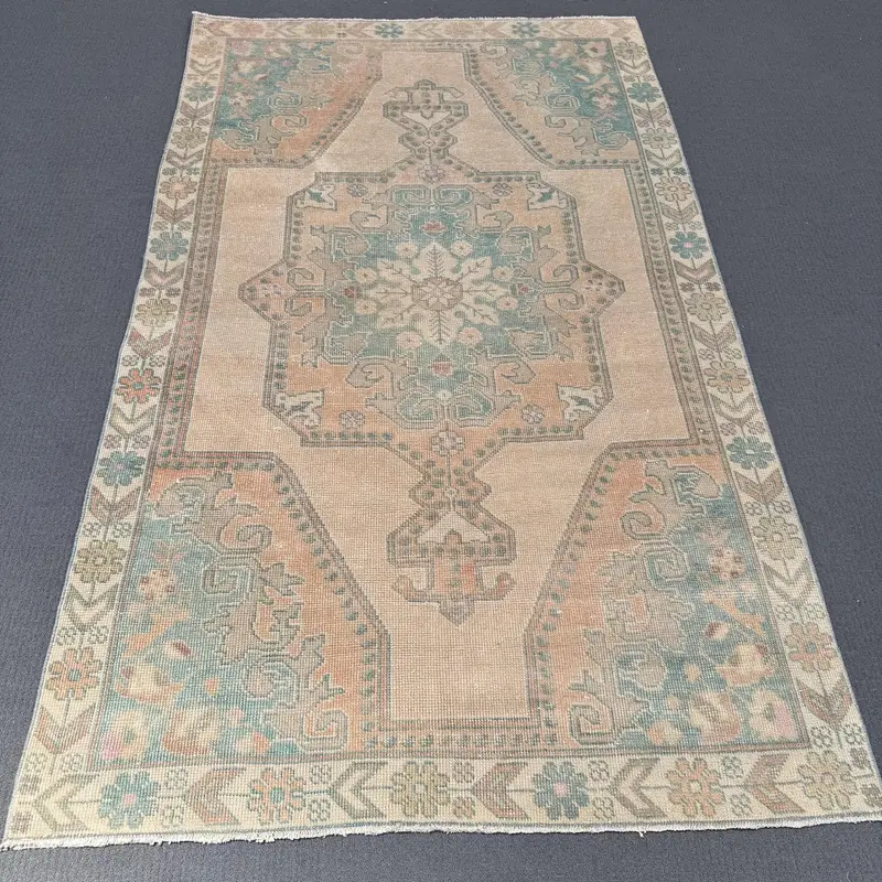 Vintage Turkish Rug, 4.3x7.2 ft Oushak Rug, Brown Blue Camouflage Wool Rug - 1