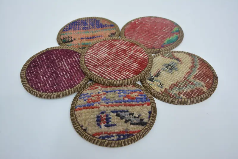Kırmızı ve Bej Kilim Bardak Altlıkları, Benzersiz Boho Ev Dekorasyonu Bardak Altlıkları