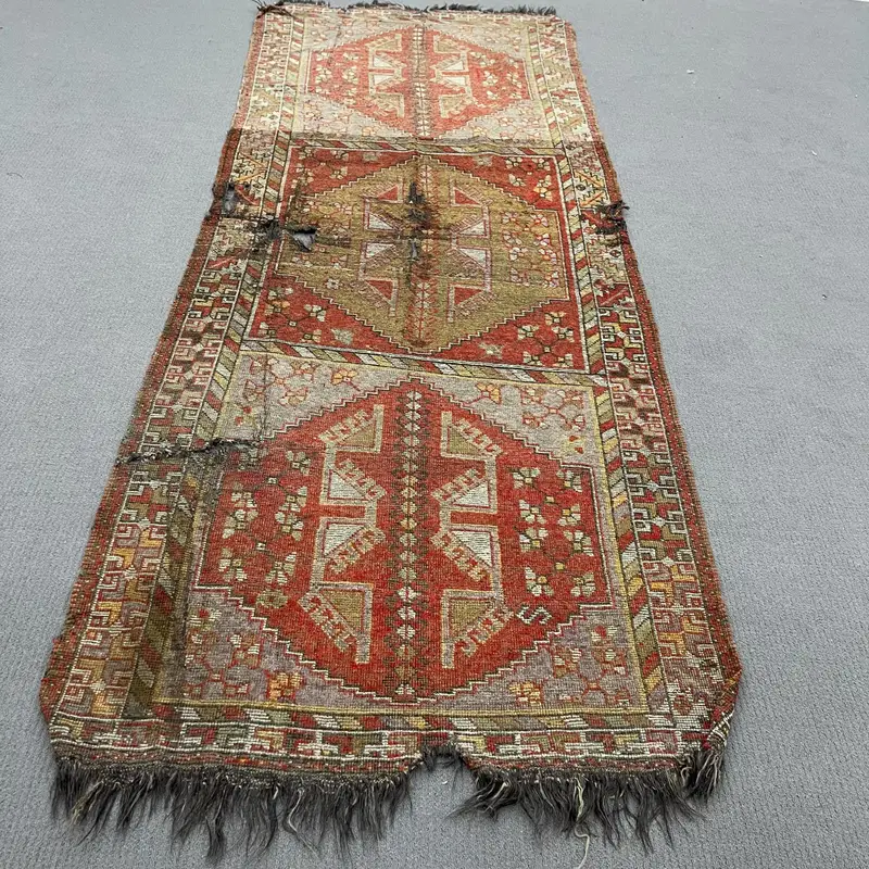 Vintage Turkish Rug, 3.9x10.5 ft Runner Rug, Red Brown Polka dot Rug - 1