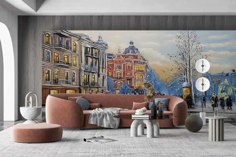Abstract Wall Mural, Landscape Wall Mural, Winter City Wall Art,Wall Paper, City Mural, Modern Wall Print, Winter Wallpaper, - 7