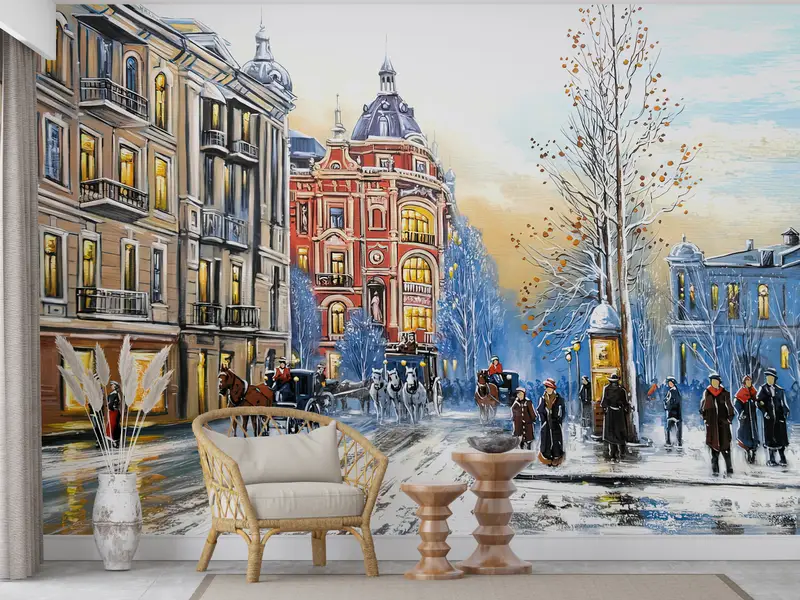 Abstract Wall Mural, Landscape Wall Mural, Winter City Wall Art,Wall Paper, City Mural, Modern Wall Print, Winter Wallpaper, - 9