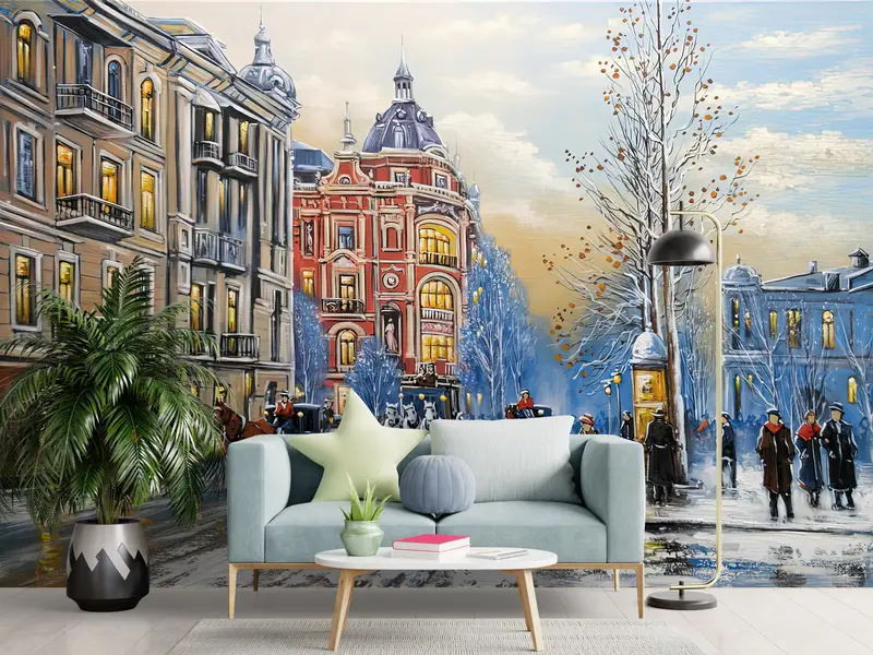 Abstract Wall Mural, Landscape Wall Mural, Winter City Wall Art,Wall Paper, City Mural, Modern Wall Print, Winter Wallpaper, - 6