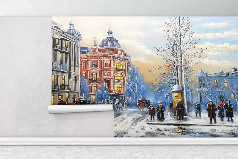 Abstract Wall Mural, Landscape Wall Mural, Winter City Wall Art,Wall Paper, City Mural, Modern Wall Print, Winter Wallpaper, - 4