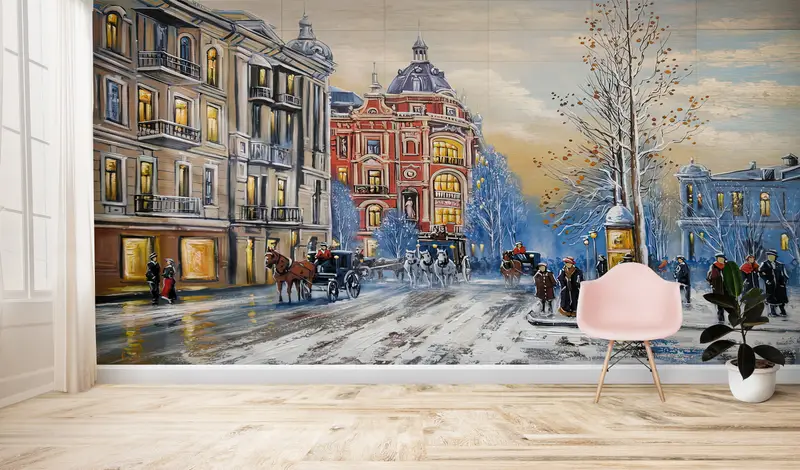 Abstract Wall Mural, Landscape Wall Mural, Winter City Wall Art,Wall Paper, City Mural, Modern Wall Print, Winter Wallpaper, - 5