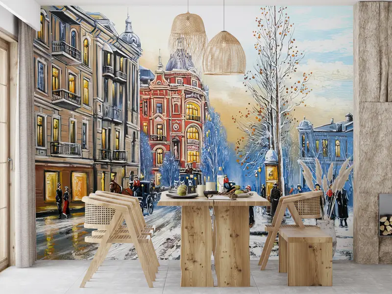 Abstract Wall Mural, Landscape Wall Mural, Winter City Wall Art,Wall Paper, City Mural, Modern Wall Print, Winter Wallpaper, - 8