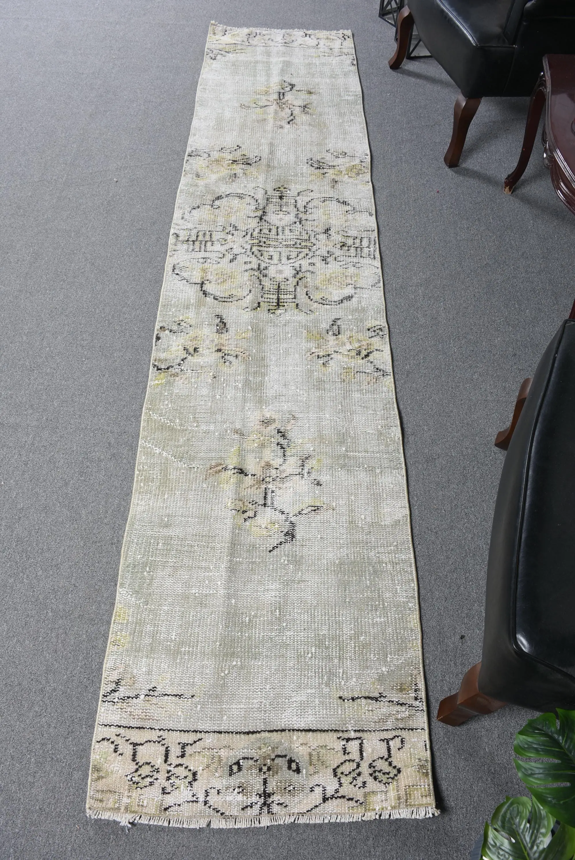 Turkish Rug, Runner 2x9.7 ft Vintage Rug, Gray Floral Wool Rug - 1