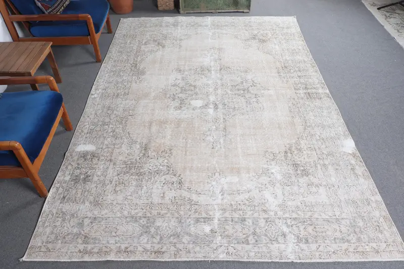 7,1x10,3 ft Yeşil Geometrik Desenli, Zarif Dekorlu Bej Halı