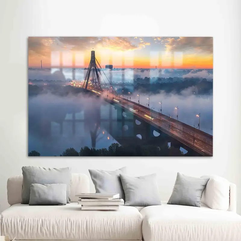 プリントガラス：夕暮れのキエフ橋、モダンな都市景観デザイン