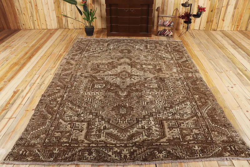 7.7x9.7 ft Türk Halısı, Oushak Halısı, Kahverengi Kamuflaj Halı Yünü - 1