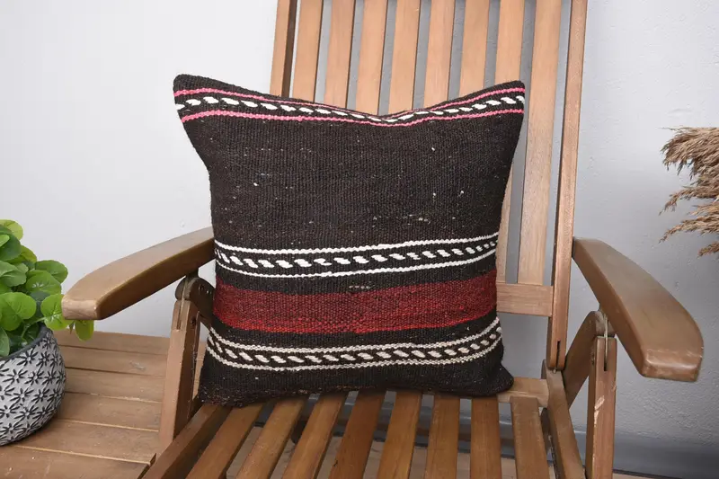Handwoven Pillow Cover Pillow Sham, Vintage Pillow, Antique Pillows, 18x18 Brown Pillow Cover, Turkish Kilim Pillow, Pillow Cover - 1