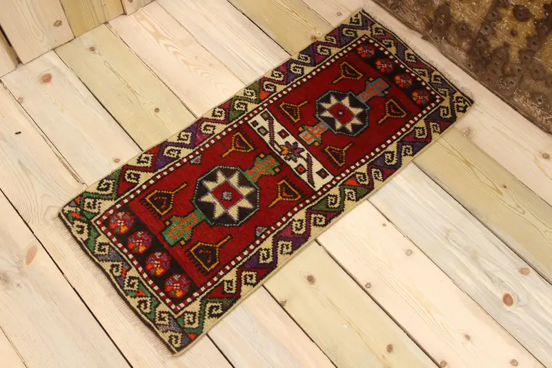 Vintage Oushak Halı 1.3x2.9 ft, Kırmızı Yeşil Fas Yün Türk Halısı - 1