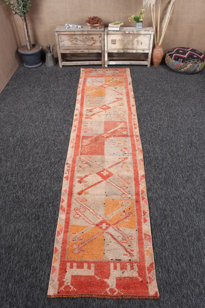 2.6x11.8 ft Turkish Vintage Rug, Runner Rug, Herki Red Wool Rug - 1
