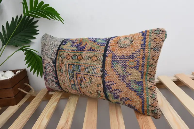 Antique Pillows, Comfy Throw Cushion, Tapestry Pillow Sham, Pillow, Kilim Pillow Cover, Boho Pillow Sham Cover, Natural Cushion, 12x24 Blue Cushion - 5