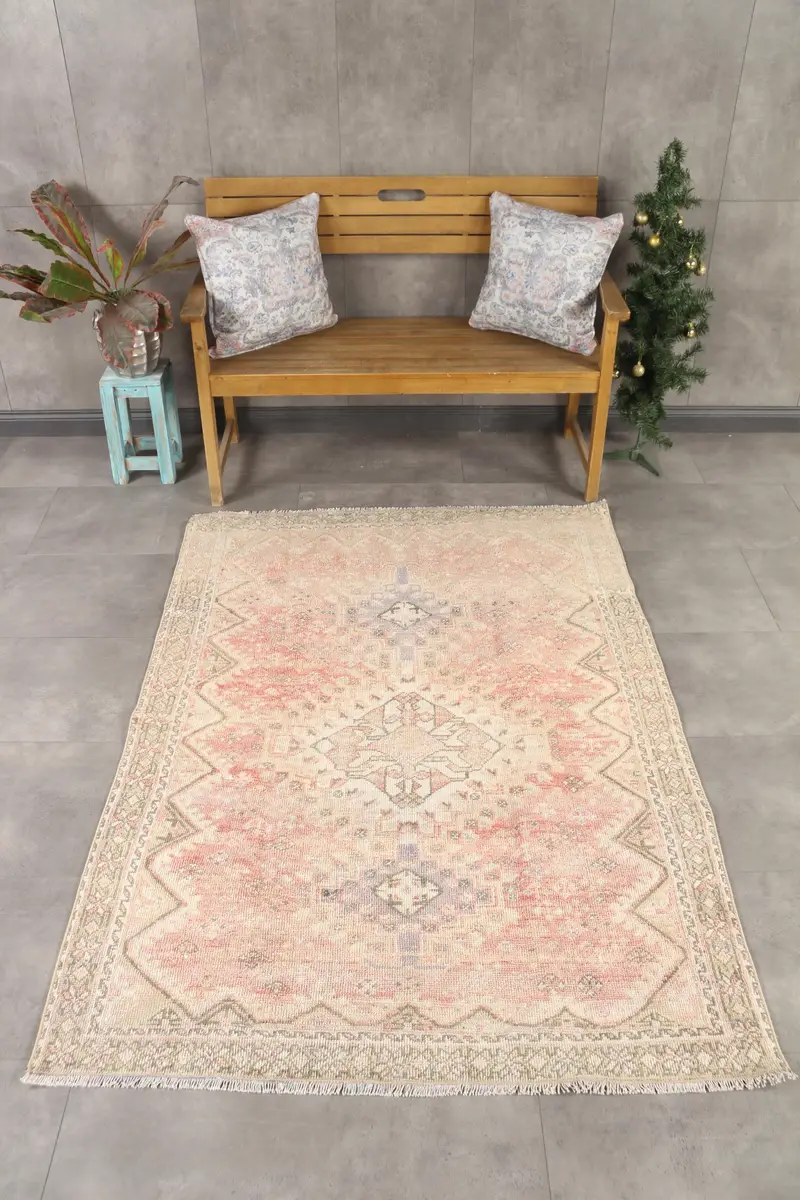 Vintage Oushak Bölge Halısı 4,3x6,2 ft (132x190 cm), Türk Kırmızı Kamuflaj Halısı - 1