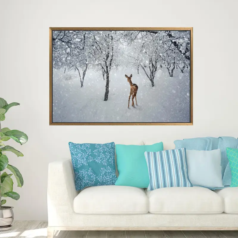 エレガントな冬の風景キャンバス: 鹿愛好家の冬の農家アート