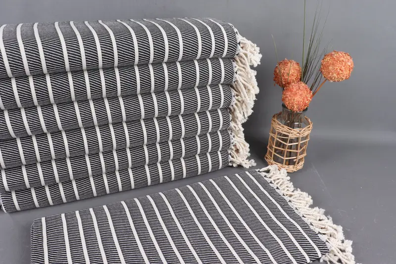 Turkish Beach Towel Organic Cotton Black Stripes, 40x75 Inches