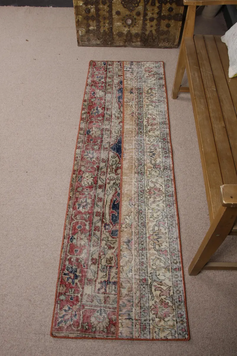 Turkish Runner Rug 1.8x6.2 ft, Red Floral Vintage Wool Rug - 1